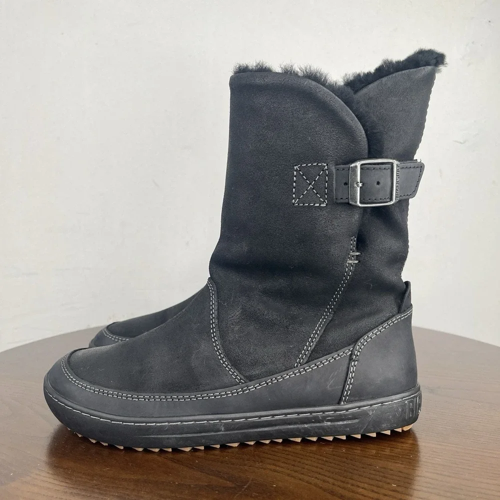Birkenstock Woodbury Boots Women's 37/ 6 Black Suede Shearling Lined Buckle Warm - Picture 1 of 16